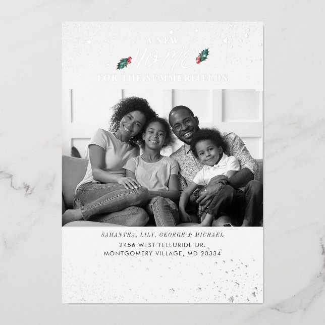 Family Photo We've Moved Christmas Moving Silver Foil Holiday Card (Front)