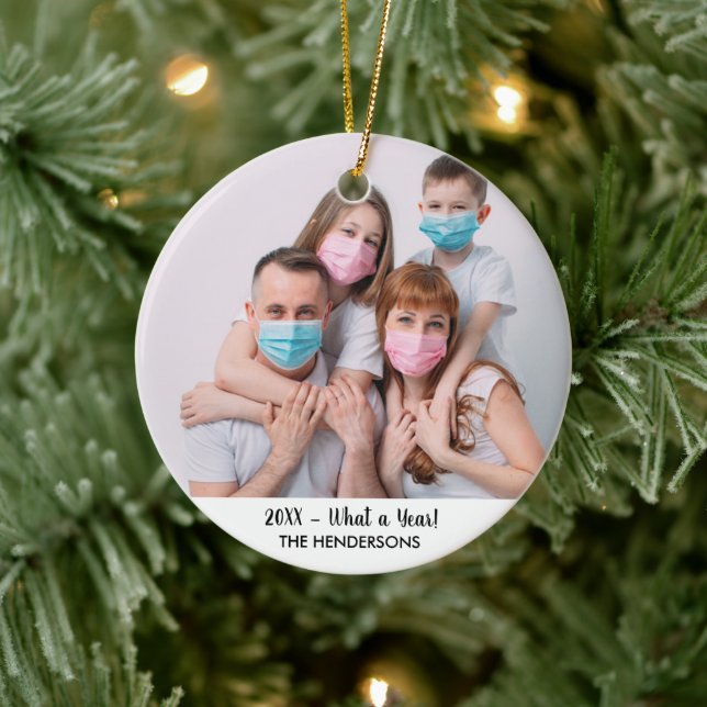 Family Photo What A Year Funny 2020 Christmas Tree Ceramic Ornament (Tree)