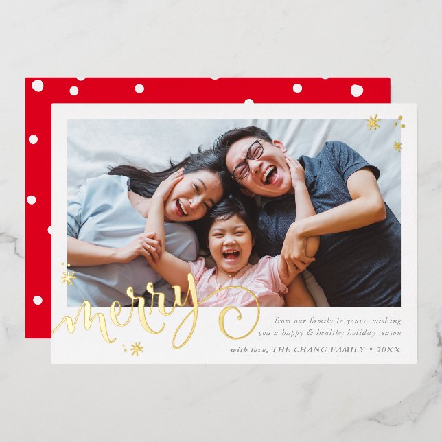 FAMILY PHOTO whimsical cute calligraphy MERRY gold Foil Holiday Card (Front/Back)