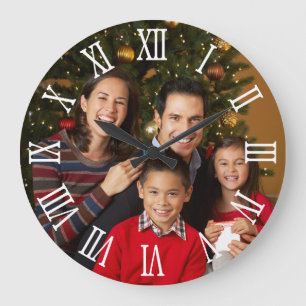 Family Photo White Bold Roman Numerals Large Clock