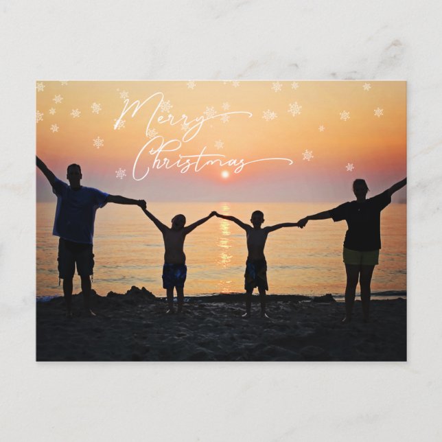 Family Photo White Merry Christmas Font Snowflake Postcard (Front)