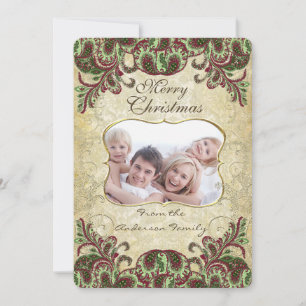 Family Photo Wine & Green Peacock Christmas Card