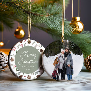 Family Photo Winter Pine Christmas Ceramic Ornament