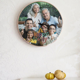 Family Photo with Modern Script Large Clock