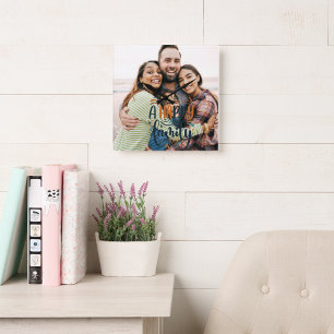 Family Photo with Modern Script Large Clock