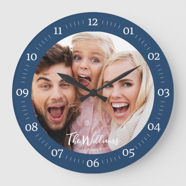Family Photo with Modern Script Large Clock (Front)