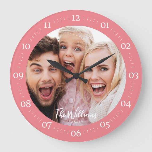 Family Photo with Modern Script Large Clock (Front)