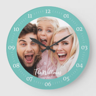 Family Photo with Modern Script Large Clock