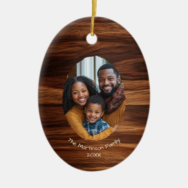 Family Photo Wood Oval Personalised Christmas  Ceramic Ornament (Front)