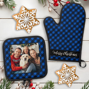 Family PhotoPersonalized Christmas Blue Plaid Oven Mitt & Pot Holder Set