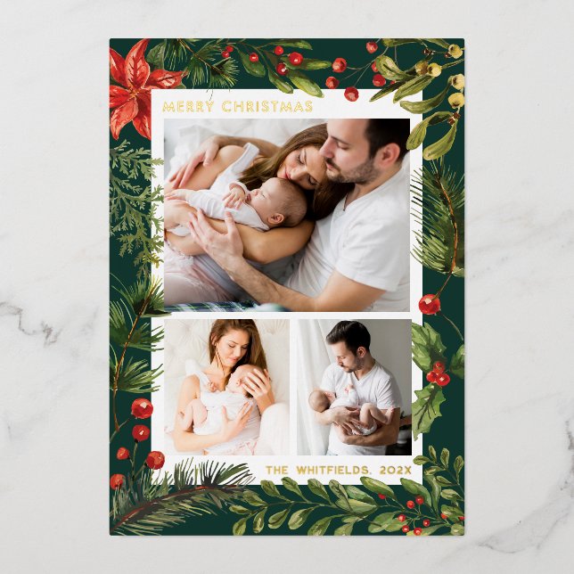 Family Photos Christmas Holidays Botanical Gold Foil Holiday Card (Front)