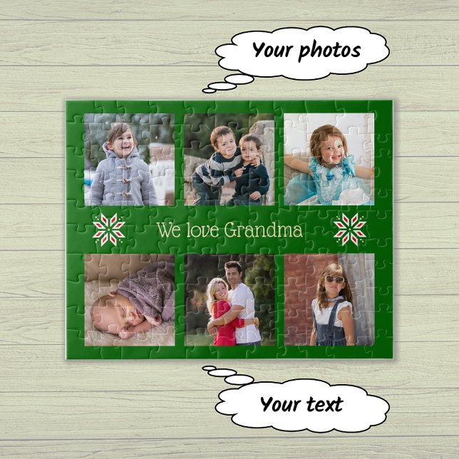 Family photos custom text green frame christmas jigsaw puzzle (Creator Uploaded)