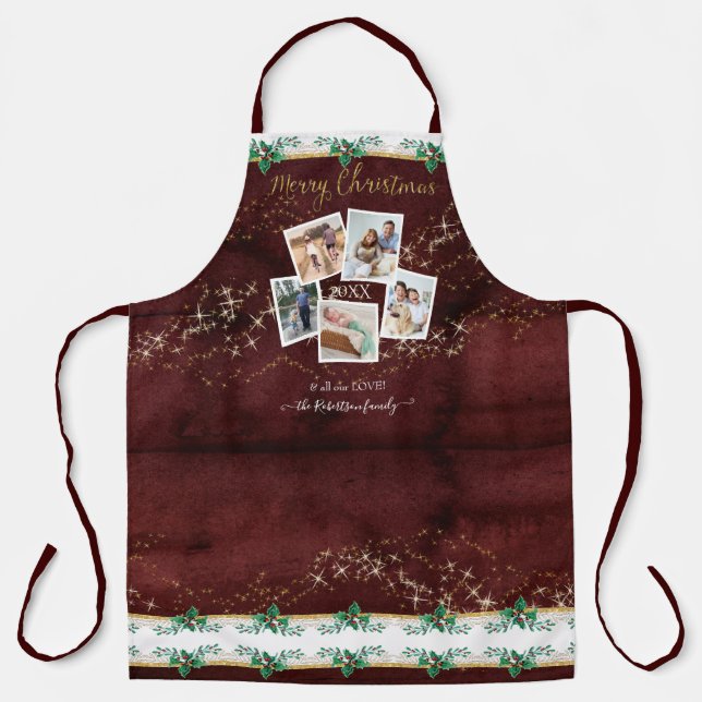 Family Photos Merry Christmas Gold Stars Red Holly Apron (Front)