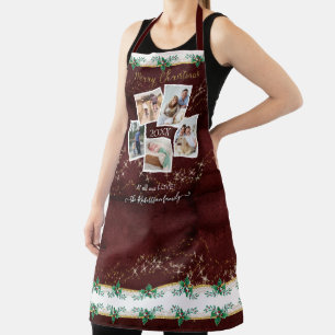 Family Photos Merry Christmas Gold Stars Red Holly Apron