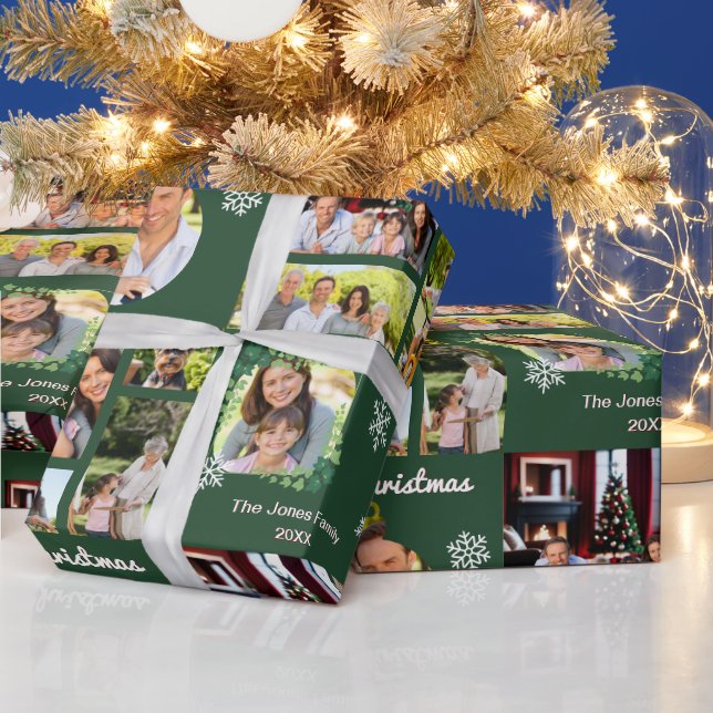 Family Photos Merry Christmas Green Personalised Wrapping Paper (Holidays)