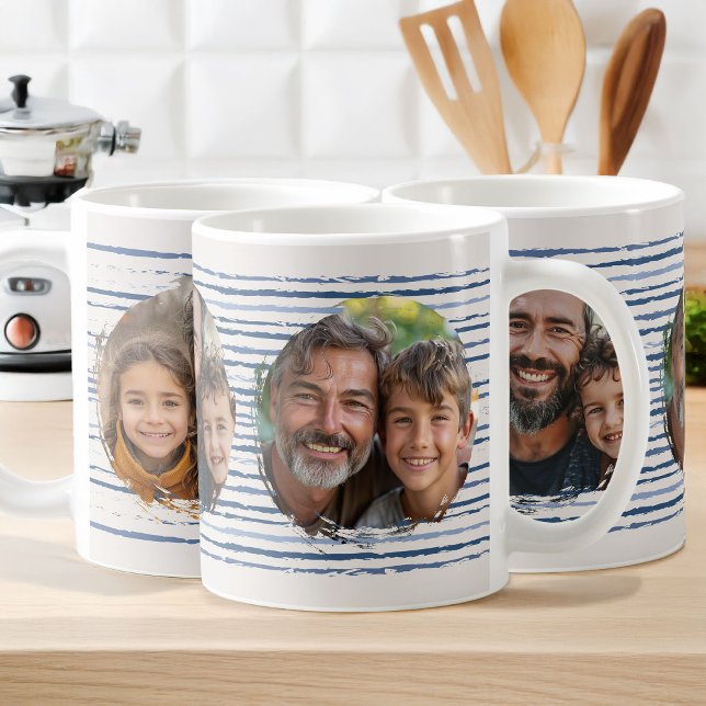 Family Photos on Neutral Blue Sketch Striped Mug (Family photo mug)