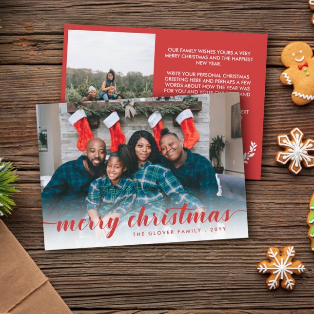 Family Photos Red Calligraphy Merry Christmas Holiday Card (Creator Uploaded)