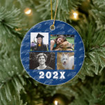 Family Photos Sea Turtle Navy Blue Ceramic Ornament<br><div class="desc">Create a special Christmas gift for the tree with this four-photo template ornament. Customise both sides with year, names, greeting. A sea turtle pattern over navy blue on the front is the background for bold white text and photos of the kids, or kids and pets. The design will work for...</div>