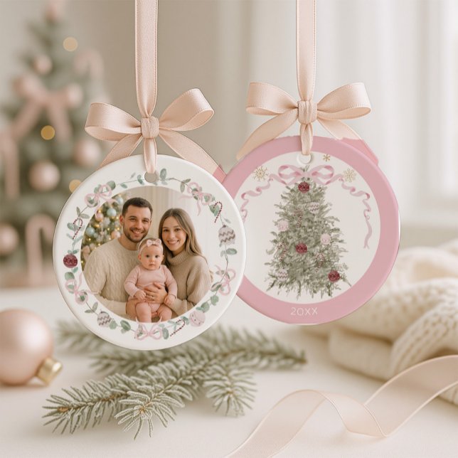 Family Pink Christmas Photo Ceramic Ornament (Creator Uploaded)