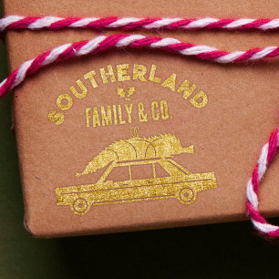 Family Pink Retro Vintage Car Christmas Tree  Rubber Stamp
