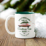 Family Pink Vintage Car Christmas Tree Delivery Two-Tone Coffee Mug<br><div class="desc">Reviving the Joy of Christmas Past! Transport back in time with this fun family tradition personalised pink vintage car Christmas tree delivery mug. Christmas lights hanging from the Christmas tree and wrapping around the mug with christmas trees. Add an extra sprinkle of nostalgia to your holiday mornings with our personalised...</div>
