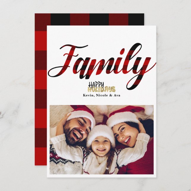 FAMILY Plaid Gold Christmas Holiday Photo Card (Front/Back)