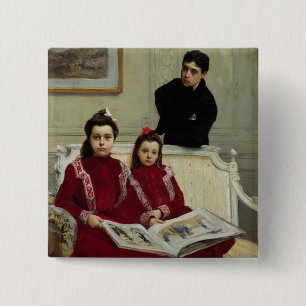 Family Portrait of a Boy and his Two Sisters, 1900 15 Cm Square Badge