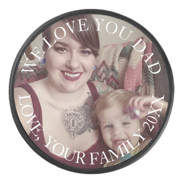 Family Portrait Photo Custom Message Hockey Puck (Front)
