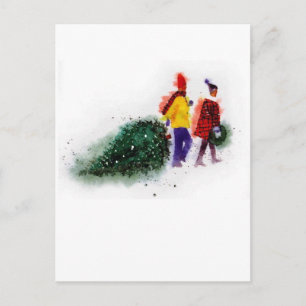 family pulling christmas tree Part 1 Holiday Postcard