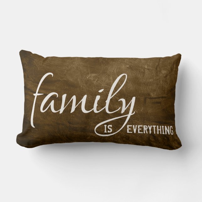 Family quote on brown leather background lumbar cushion (Front)
