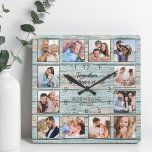 Family Quote Photo Collage Rustic Blue Wood Square Wall Clock<br><div class="desc">Easily create your own personalised blue rustic driftwood planks lake house style wall clock with your custom photos. The design also features a beautiful handwritten script quote: "Together we have it all". For best results, crop the images to square - with the focus point in the centre - before uploading....</div>