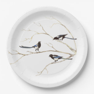 Family Quote with Watercolor Magpie Bird Family Paper Plate