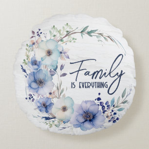 Family Quote Wreath on Wood Round Cushion