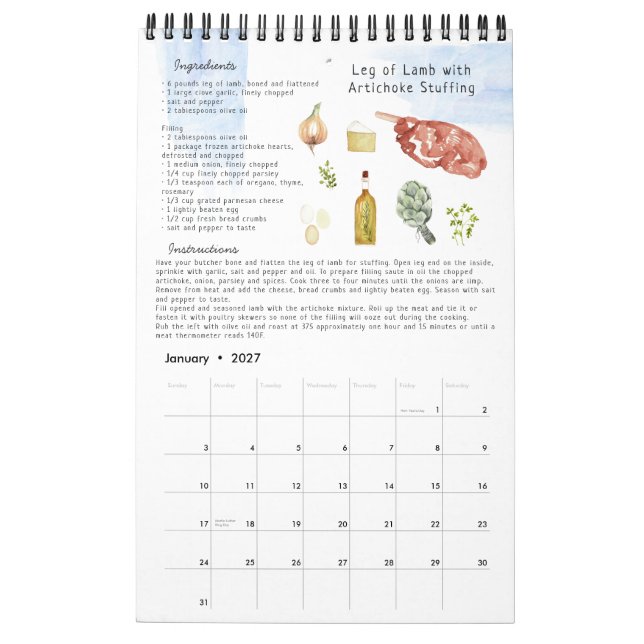 Family Recipe Heirloom Keepsake | Watercolor  Calendar (Jan 2027)