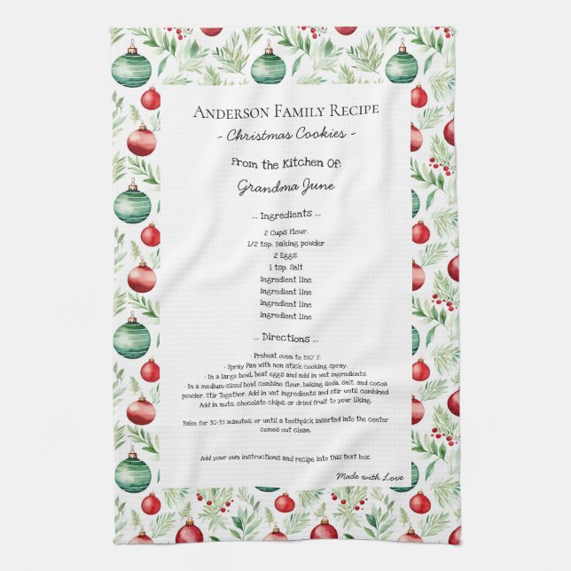 Family Recipe Heirloom Text Christmas Ornament Tea Towel (Vertical)