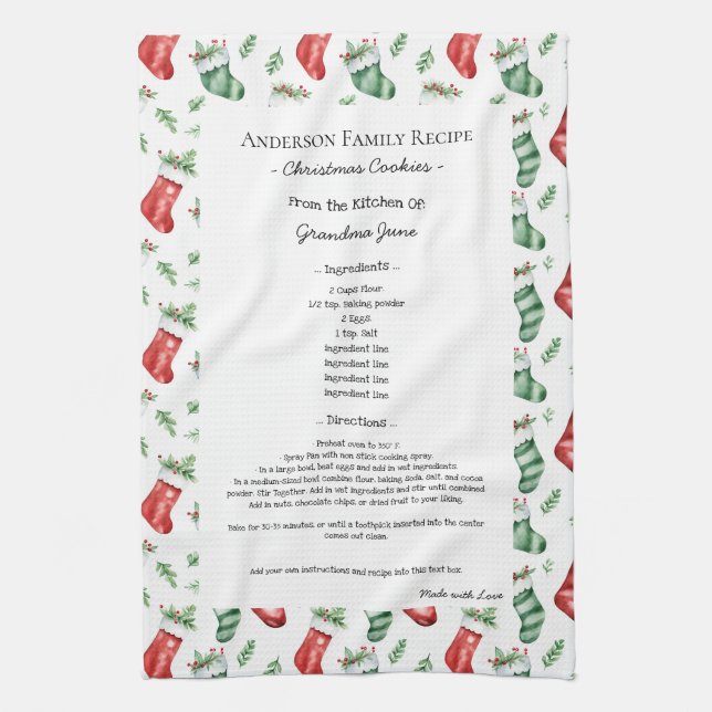 Family Recipe Heirloom Text Christmas Stocking Tea Towel (Vertical)