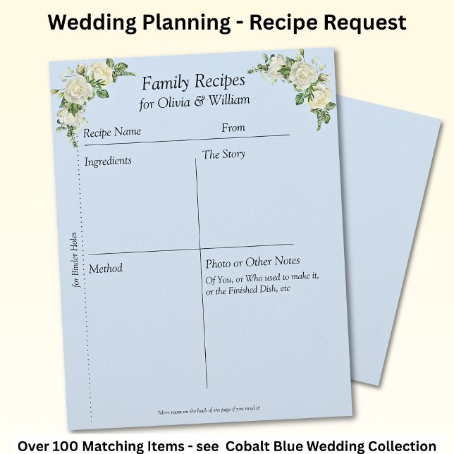 Family Recipe Sheets, Blue & White Roses  Custom Letterhead (Creator Uploaded)