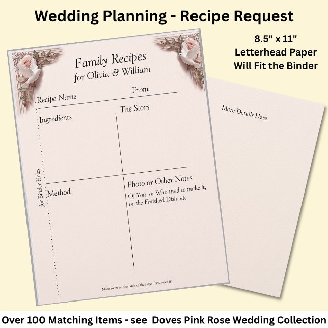 Family Recipe Sheets, Pink Roses & Doves Wedding Custom Letterhead (Creator Uploaded)