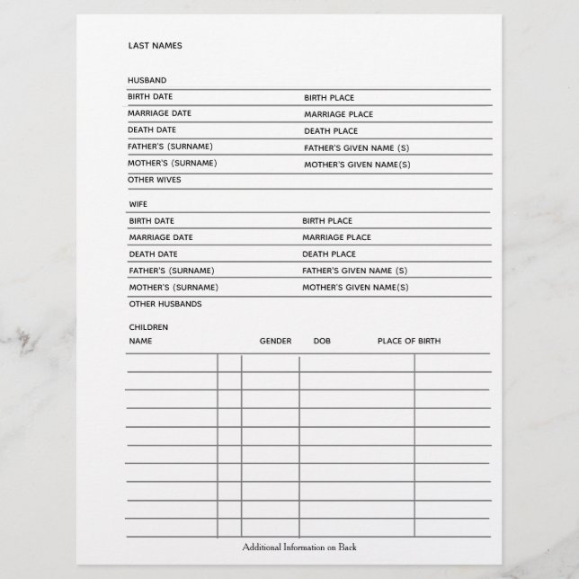 Family Records Genealogy Fillable Form Template (Front)