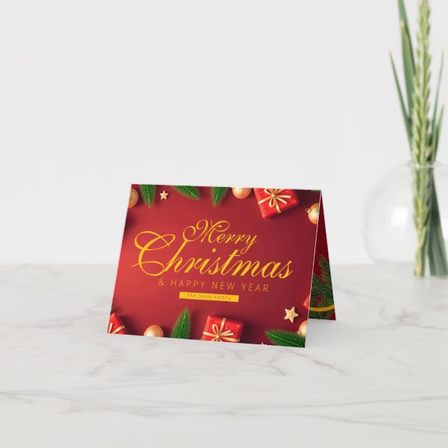 Family Red and Gold Christmas with Tree Ribbon Thank You Card (Front)