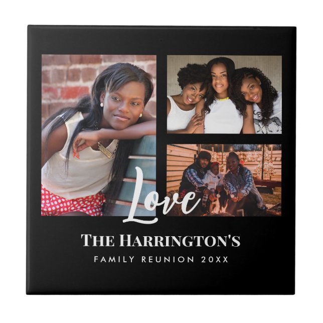 Family Reunion 3 Section Photo Collage Black Frame Ceramic Tile (Front)