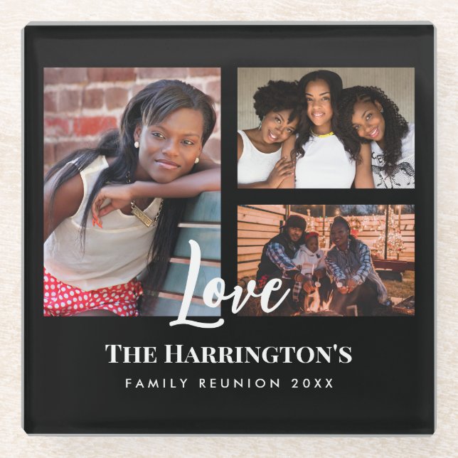 Family Reunion 3 Section Photo Collage Black Frame Glass Coaster (Front)