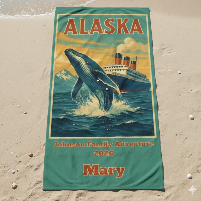 Family Reunion Alaska Whale Cruise Beach Towel (Personalized Alaska Family Reunion Beach Towel)