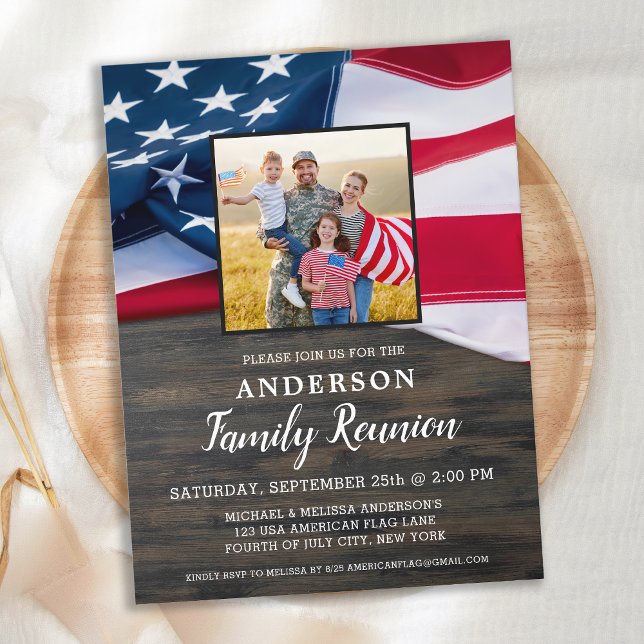 Family Reunion American Flag Photo Patriotic Party Invitation Postcard (Creator Uploaded)