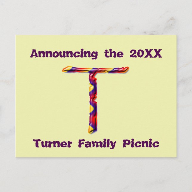 Family Reunion Announcement Colourful Letter T Postcard (Front)