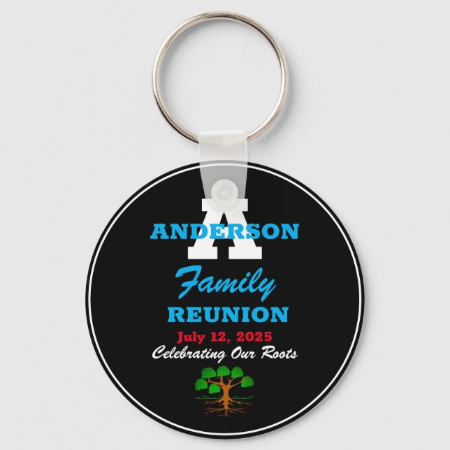 Family Reunion Any Name Any Date Script Text Black Key Ring (Front)
