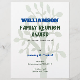Family Reunion Award Certificate Personalised Tree Custom Letterhead