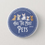 Family Reunion Award Has The Most Pets 6 Cm Round Badge<br><div class="desc">It's fun getting together with your family and reconnecting, sharing stories and learning about family genealogy. It's also fun to have an awards ceremony at your Family Reunion gathering. Cute design features three dogs and two cats and is purrfect for a pet lover. This button can be awarded to the...</div>