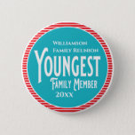 Family Reunion Award Youngest Family Member 6 Cm Round Badge<br><div class="desc">It's fun getting together with your family and reconnecting, sharing stories and learning about family genealogy. It's also fun to have an awards ceremony at your Family Reunion gathering. Here is a fun blue, red and white Family Reunion Award Button for the Youngest Family Member. Add your family name and...</div>