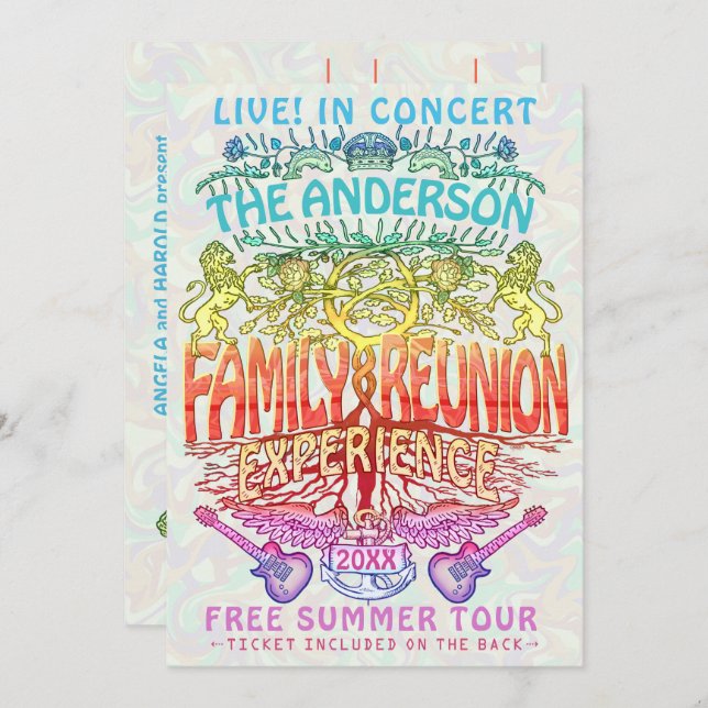 Family Reunion Band Concert Ticket Neon Retro 70s Invitation (Front/Back)